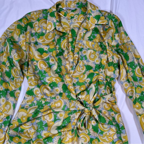Zara Satin Wrap Yellow Green Floral Paisley Influencer Baddie Mini Dress Size - Picture 3 of 8